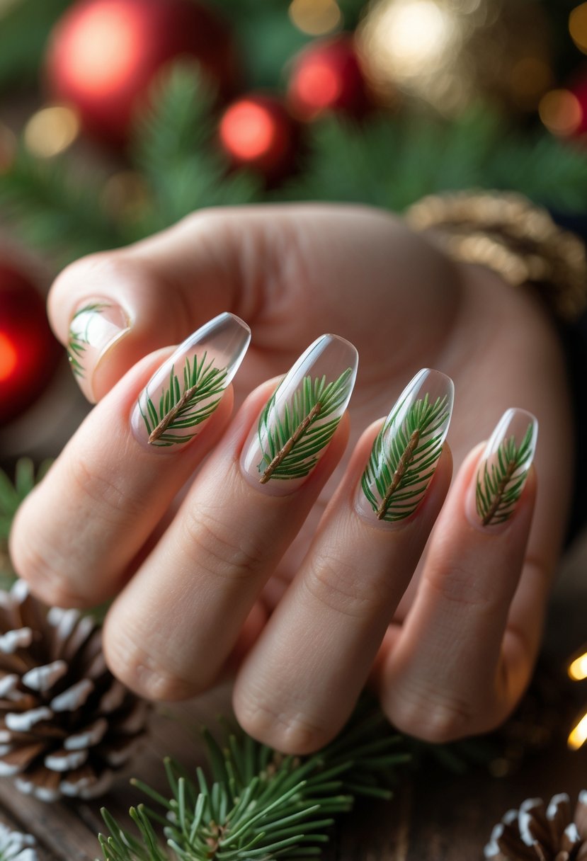 Close-up of a hand with clear nails containing embedded pine needles, resting on a wooden surface with Christmas decorations.