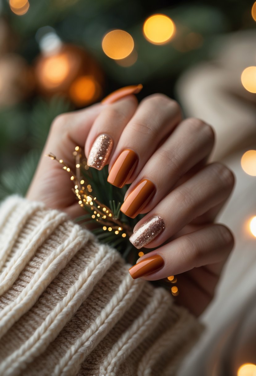 Close-up of hands with burnt orange nails and glitter accent holding a cozy Christmas item.