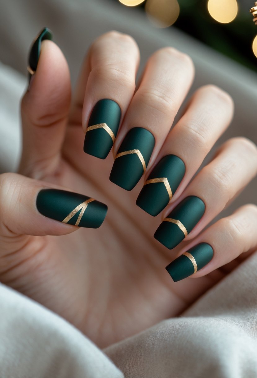 Close-up of a hand with dark green matte nails decorated with thin gold lines.