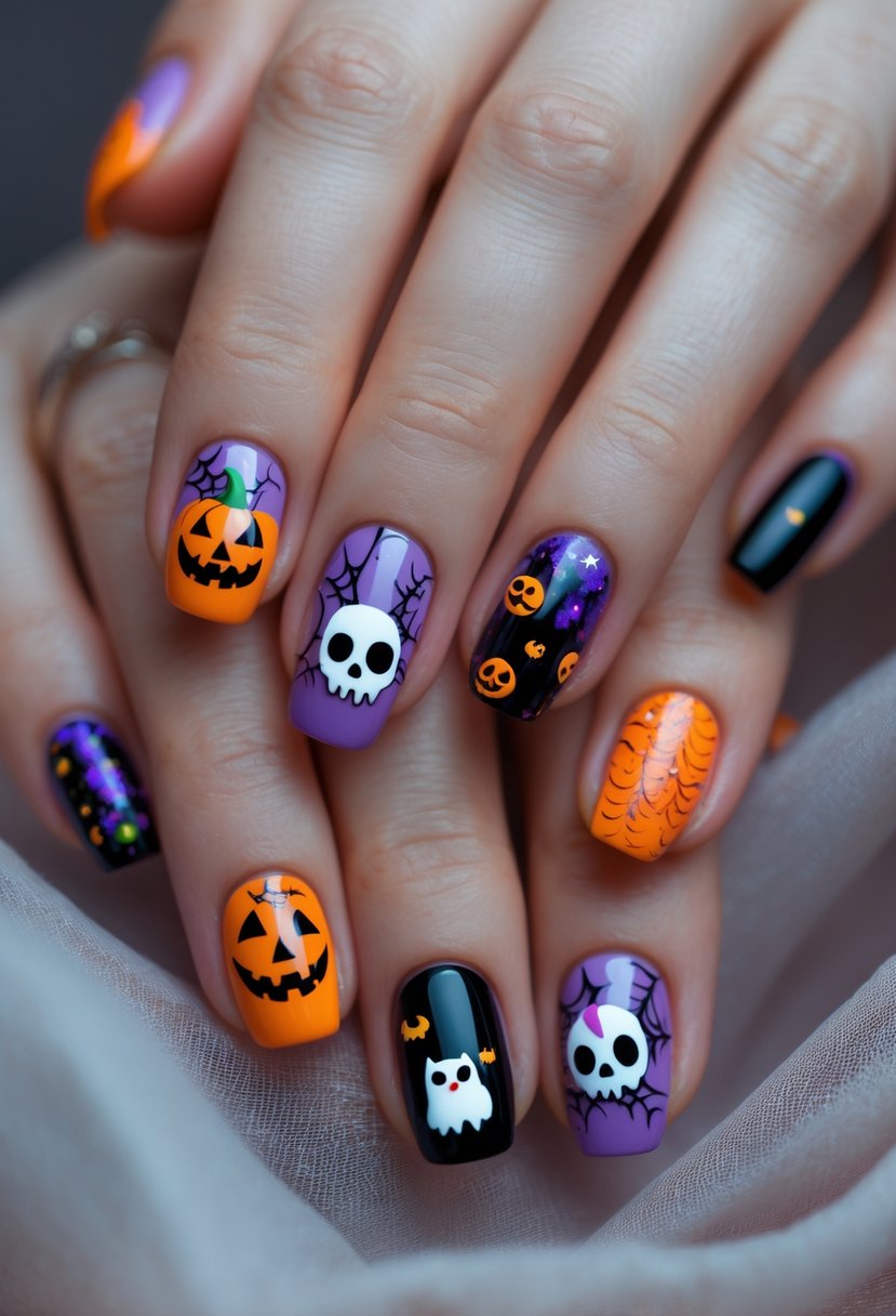 Close-up of hands showing 18 different Halloween-themed nail designs with spooky and festive motifs.