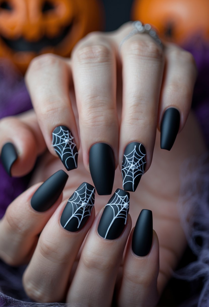 Close-up of hands with matte black coffin-shaped nails decorated with white spider web designs.