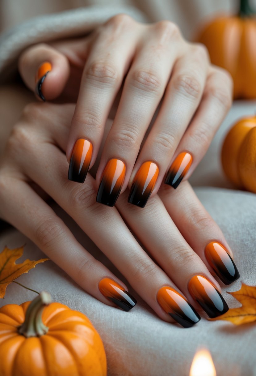 Close-up of hands with orange and black ombre nails posed with small pumpkins and autumn leaves.