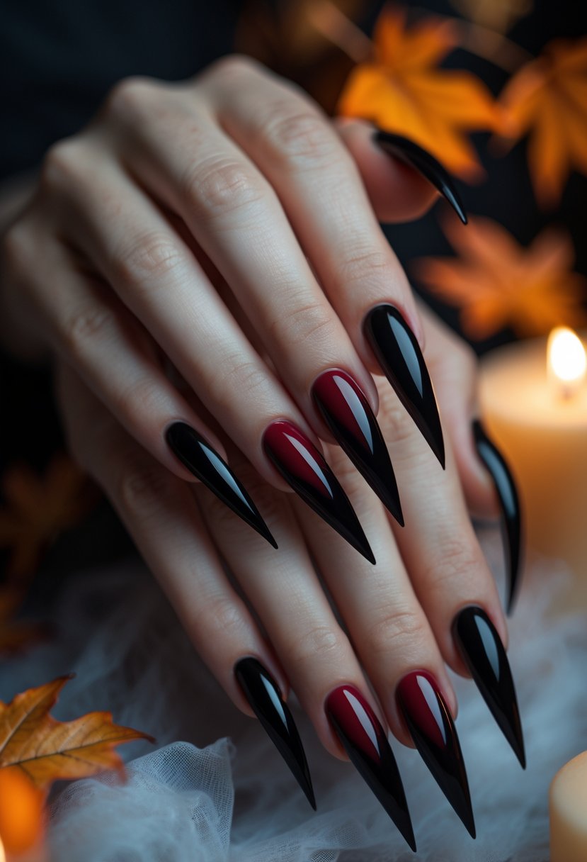 Close-up of hands with long, pointed red and black nails resembling vampire fangs against a softly blurred Halloween-themed background.