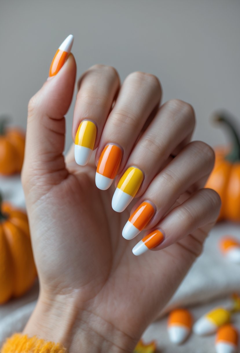 A hand with neatly painted nails in yellow, orange, and white color blocks resembling candy corn, posed against a soft background with subtle Halloween decorations.