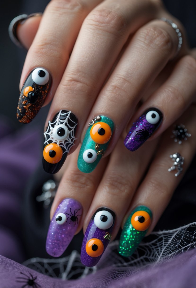 A close-up of a hand showing 18 Halloween-themed nails decorated with detailed 3D eyeball designs and spooky elements.