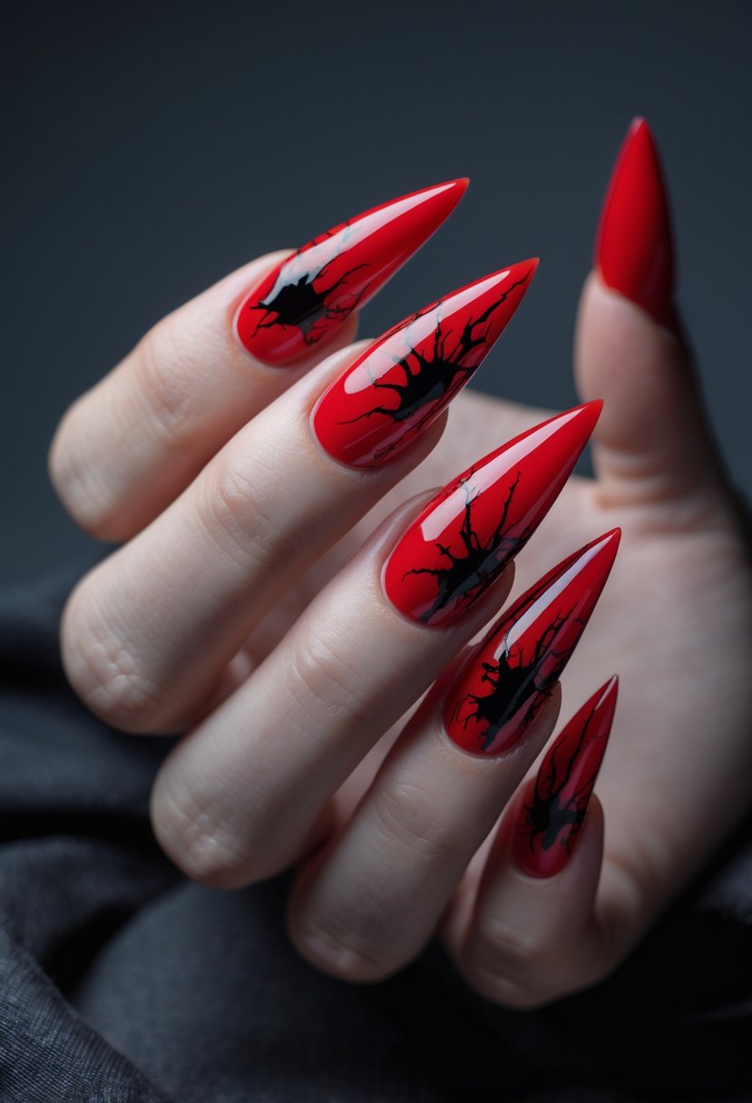 Close-up of a hand with long red nails featuring bloody claw mark designs on the tips.