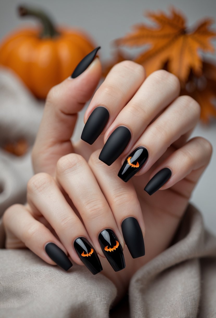 Close-up of hands with black matte nails featuring glossy bat designs, set against a soft background with Halloween decorations.