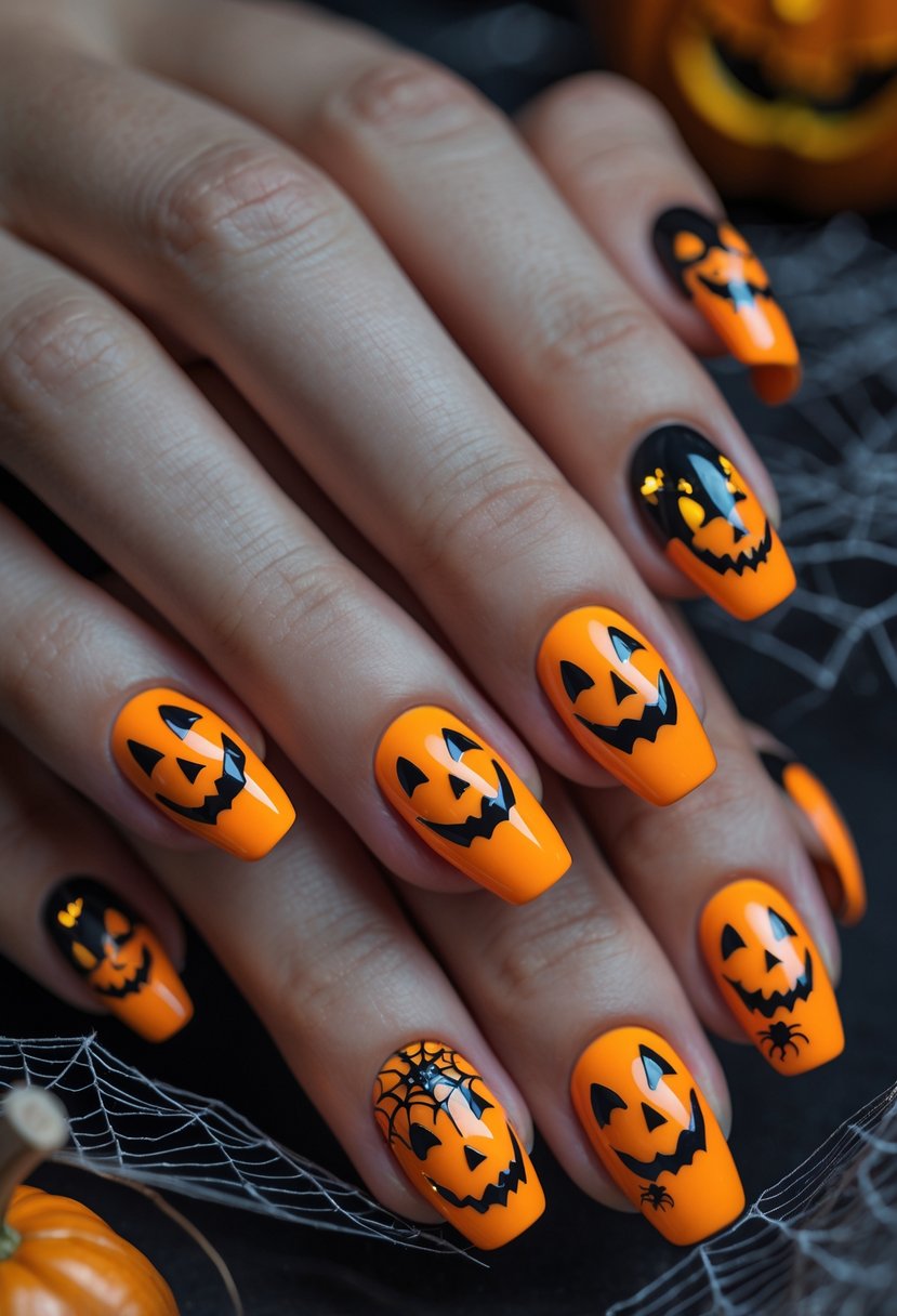 Close-up of hands with 18 nails painted in orange and black jack-o
