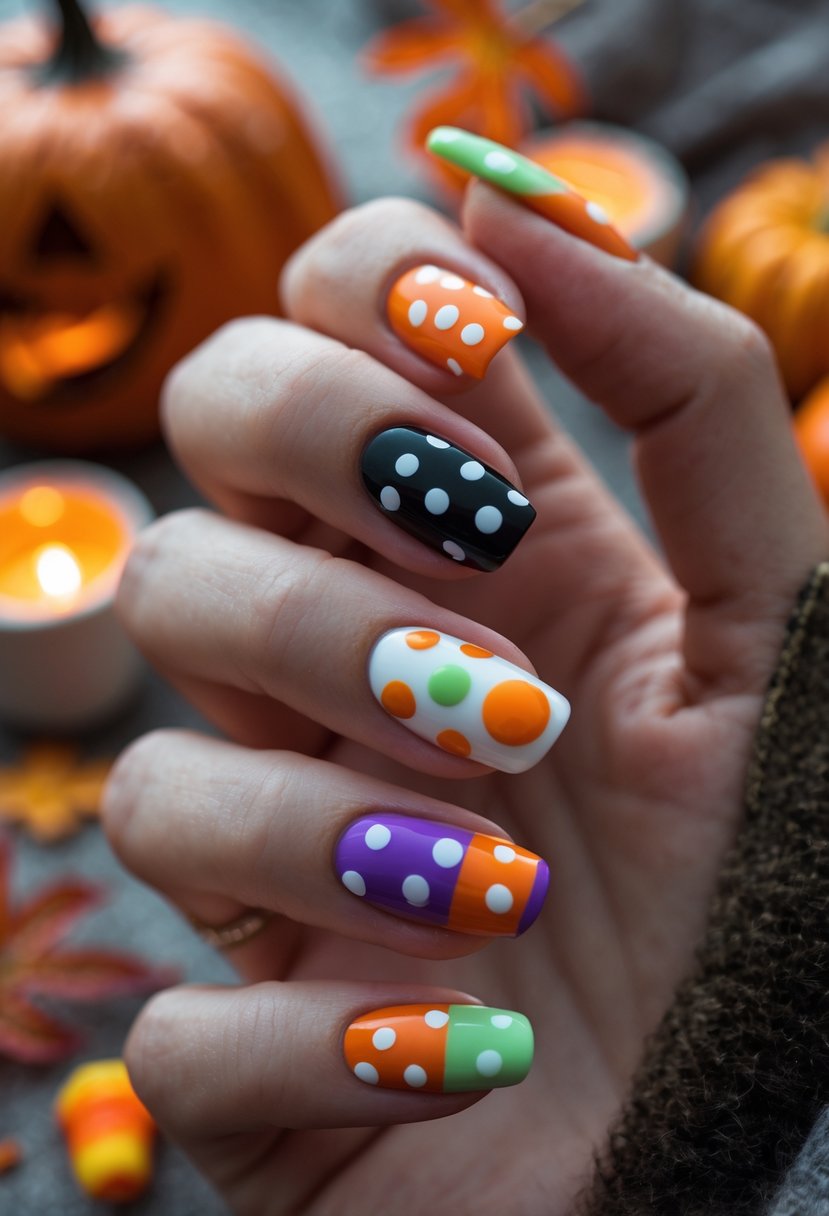 A close-up of a hand showing Halloween-themed nails decorated with colorful polka dots inspired by candy.