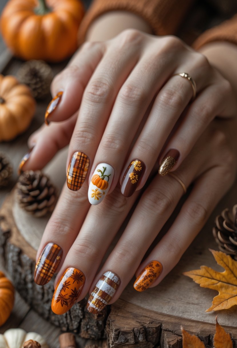 Close-up of hands with various Thanksgiving-themed nail designs surrounded by autumn decorations on a wooden surface.
