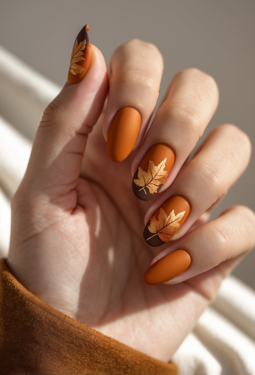 Close-up of a hand with pumpkin orange matte nails featuring detailed autumn leaf designs.