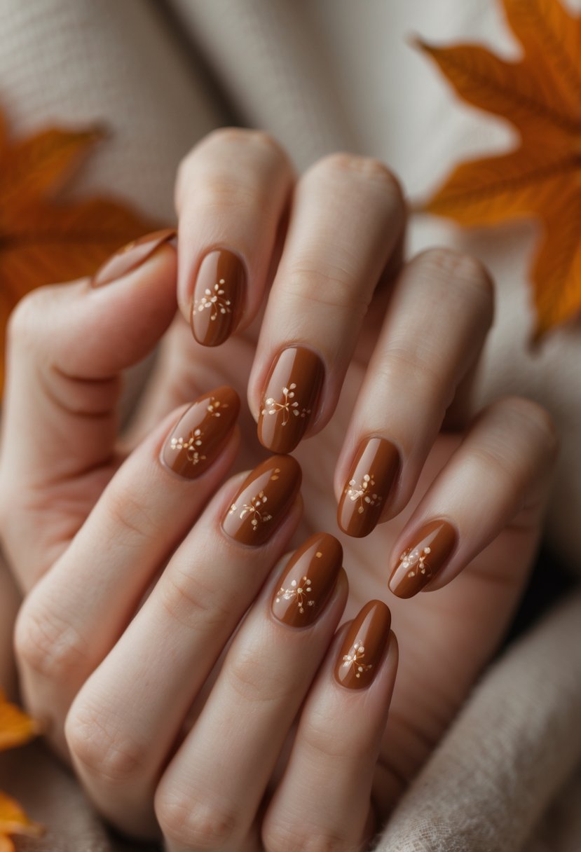 Close-up of hands with burnt sienna colored nails featuring subtle dot patterns.