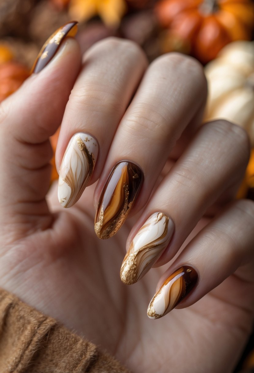 Close-up of a hand with nails painted in earth tone marble patterns accented with gold, set against a warm autumn-colored background.
