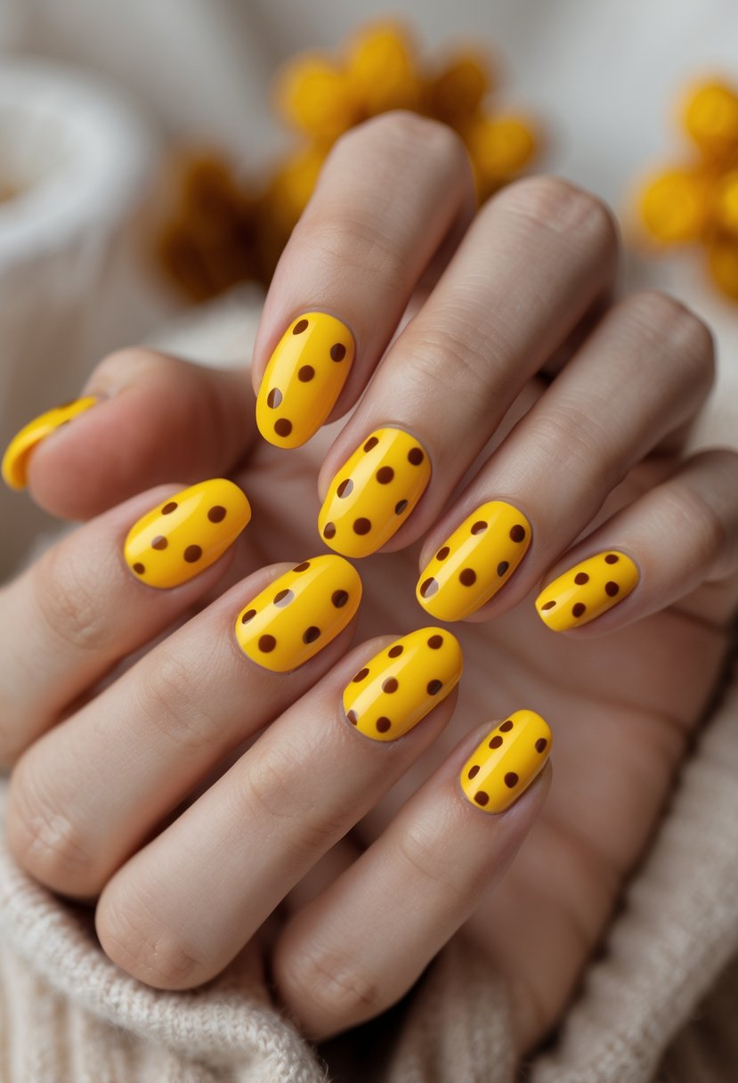 Close-up of hands with bright yellow nails decorated with brown polka dots.