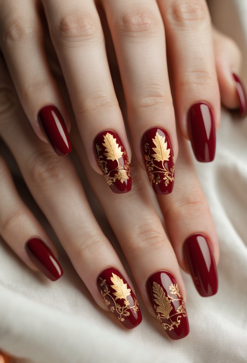 Close-up of hands with red nails decorated with gold vintage Thanksgiving-themed designs.
