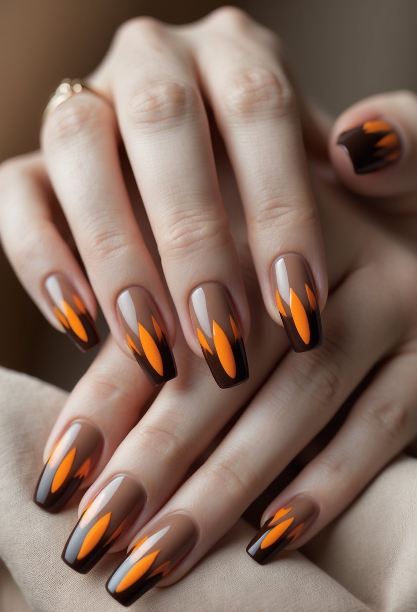 Close-up of hands with mocha brown nails and orange gradient French tips.