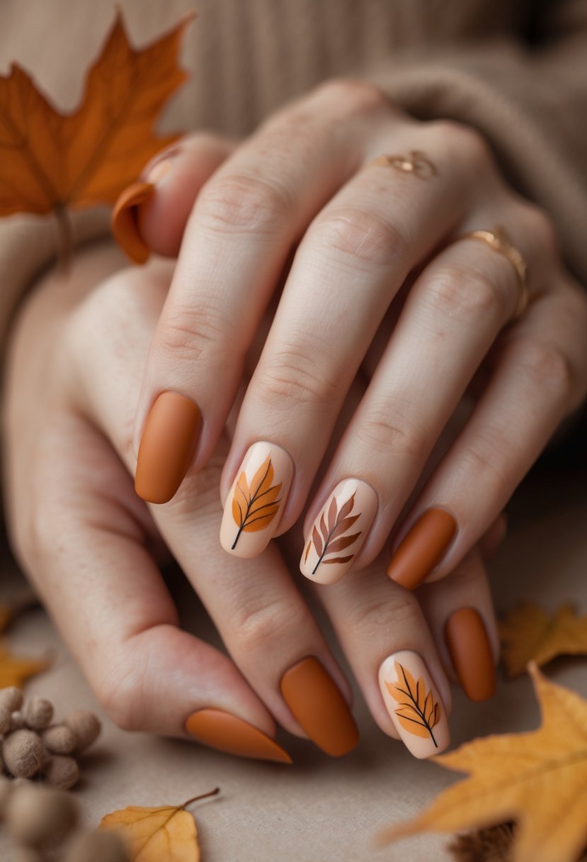 Close-up of hands with autumn-themed nail art featuring fall leaf designs in warm colors, surrounded by soft autumn leaves.