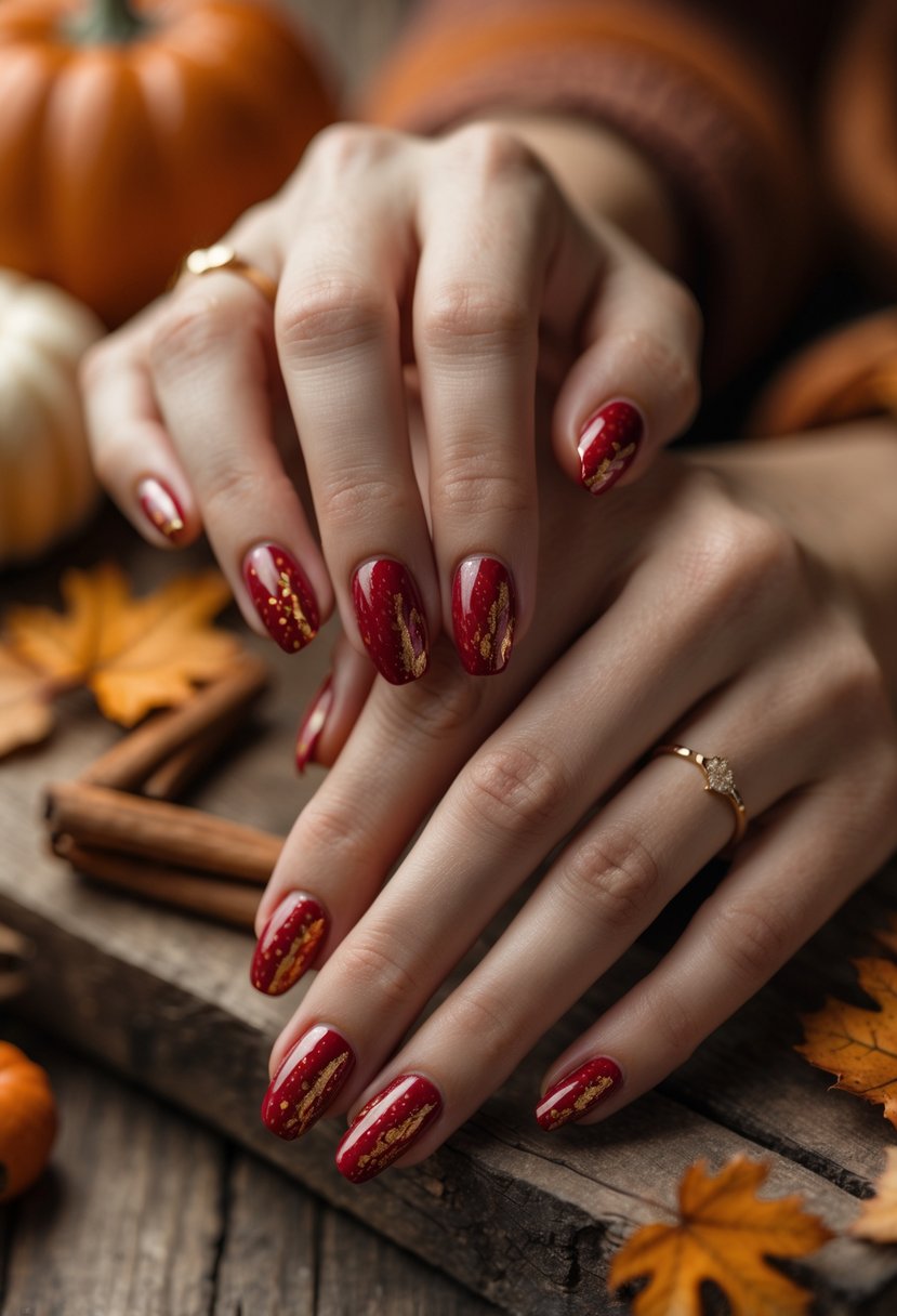 Close-up of hands with red nails featuring subtle gold specks, resting on a wooden surface with autumn leaves and small pumpkins.