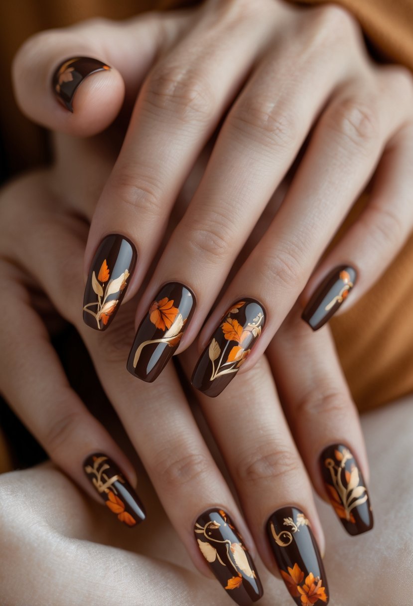Close-up of hands with chocolate brown nails featuring abstract autumn-themed patterns.