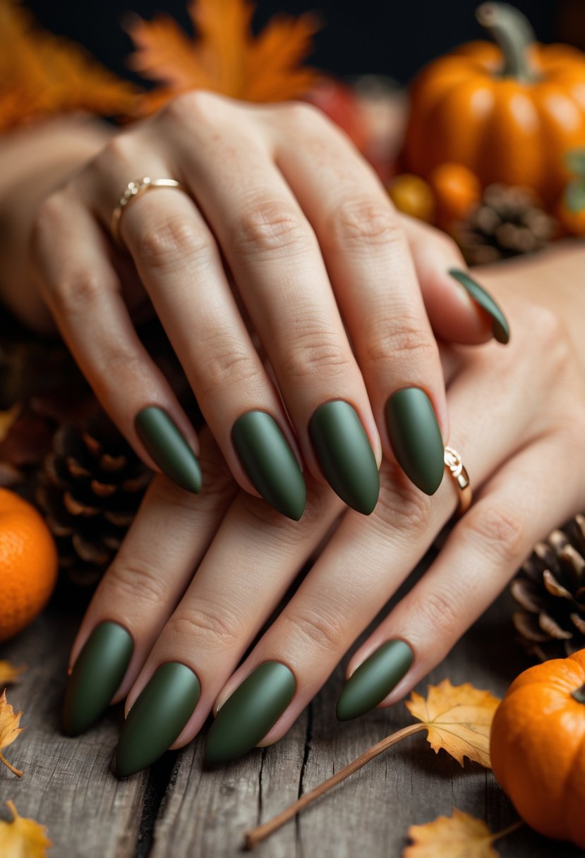 Close-up of hands with olive green matte nails and shiny tips resting on a wooden surface with autumn decorations.