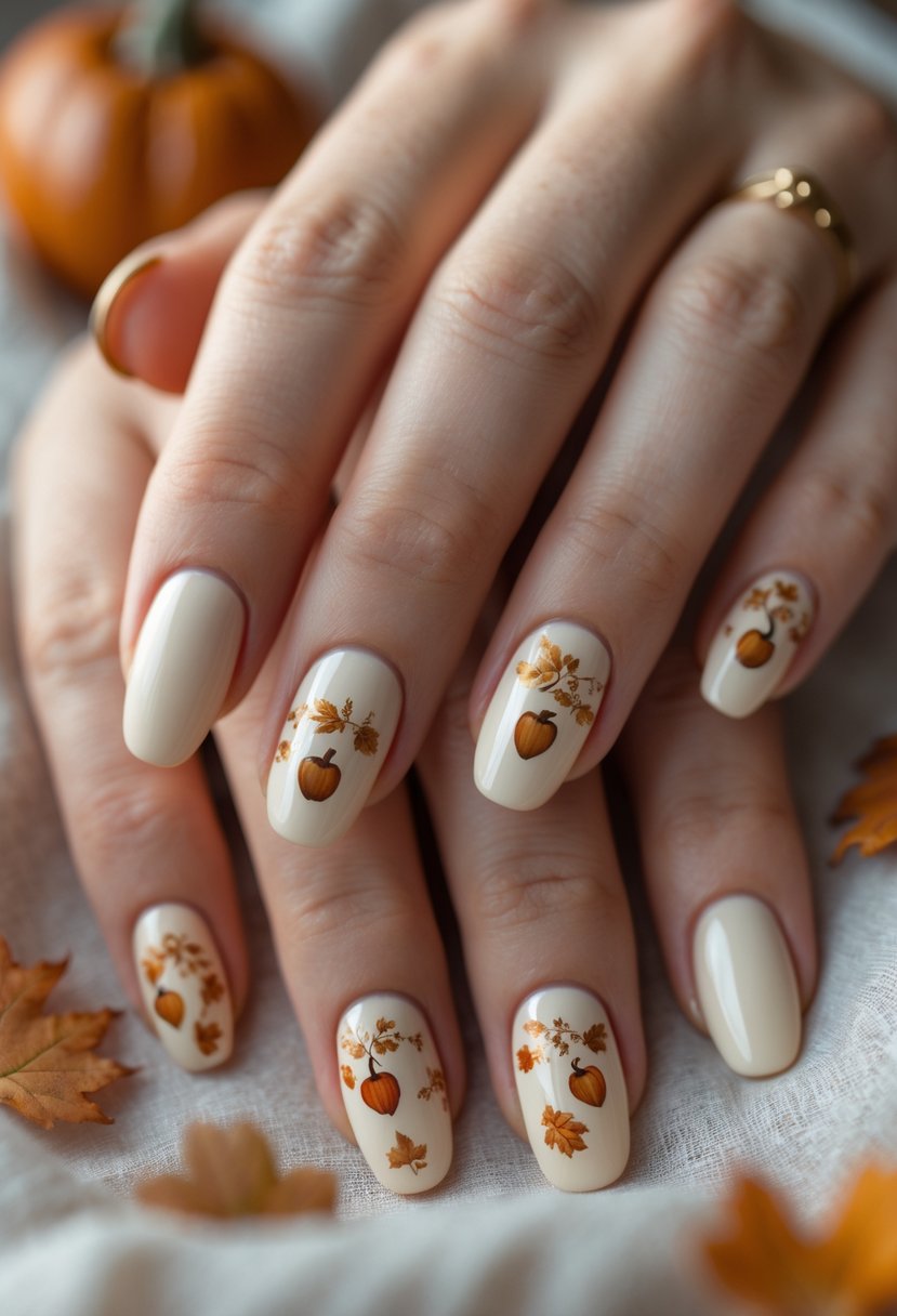 Close-up of hands with cream-colored nails decorated with small acorn designs.