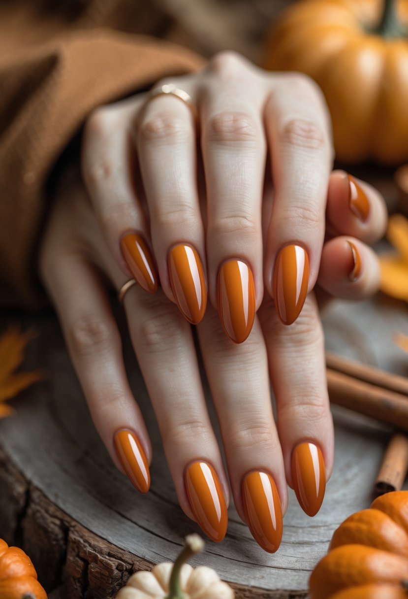 Close-up of hands with burnt orange ombre glossy nails resting on a wooden surface with autumn decorations.