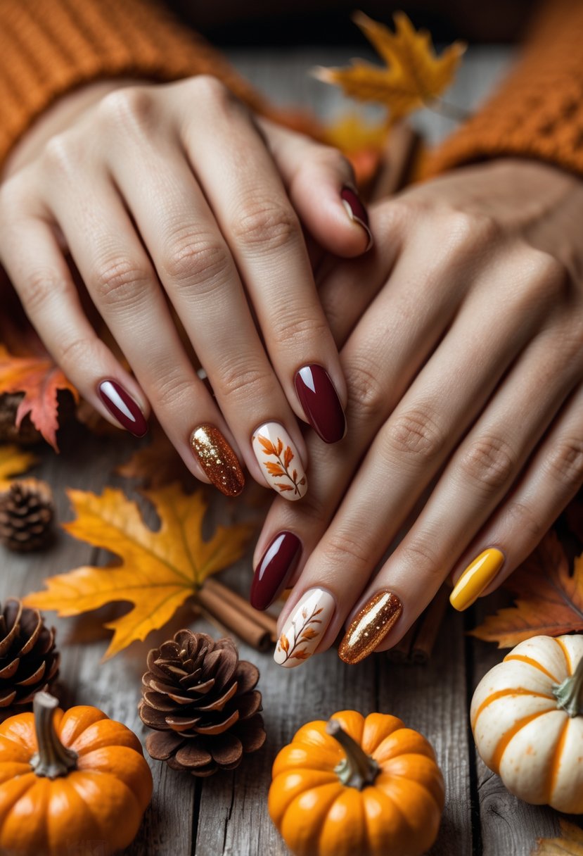 Close-up of hands with autumn-themed manicured nails in warm colors holding small pumpkins and fall leaves on a wooden surface.