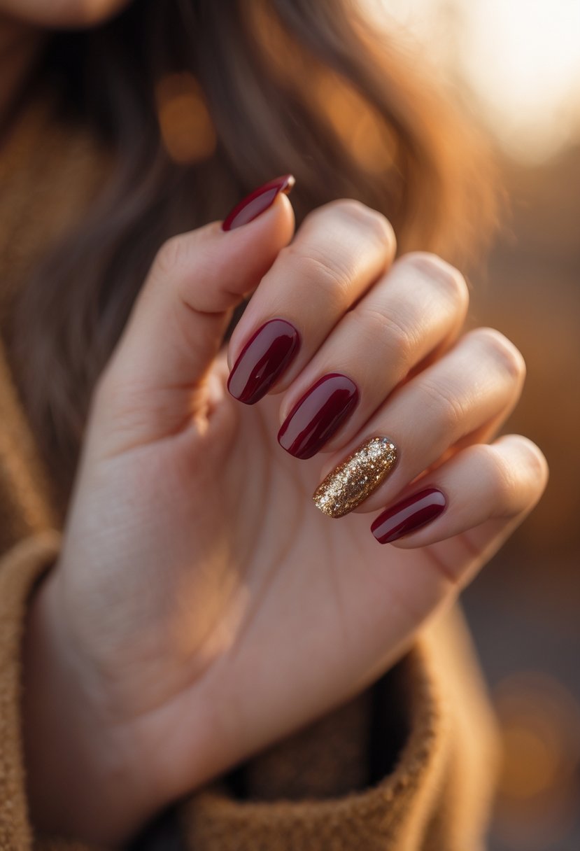 Close-up of hands with cranberry red nails and gold glitter accents.