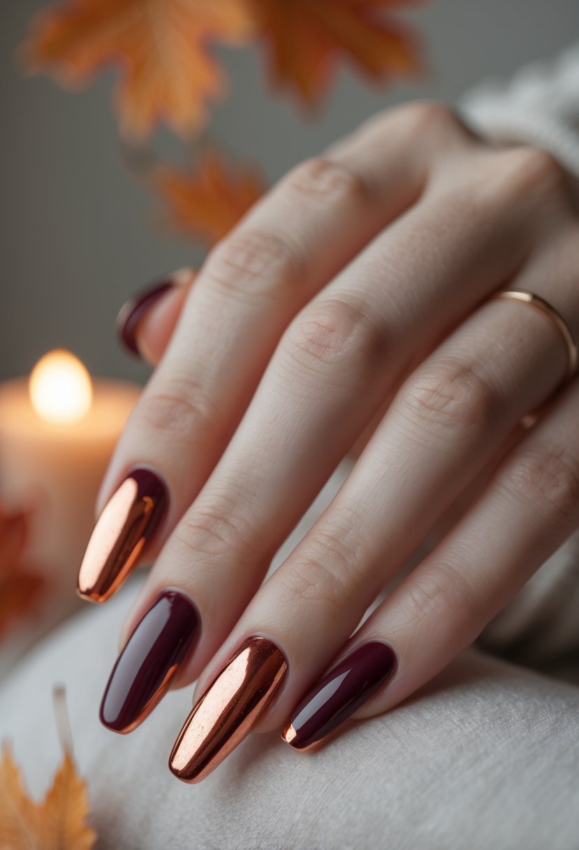 Close-up of a hand with burgundy nails and metallic copper tips against a soft background.