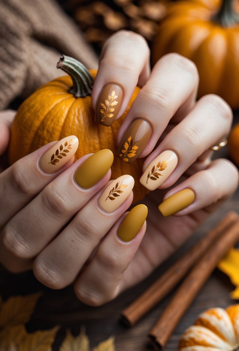 Close-up of hands with mustard yellow painted nails holding a small pumpkin surrounded by fall leaves and cinnamon sticks.