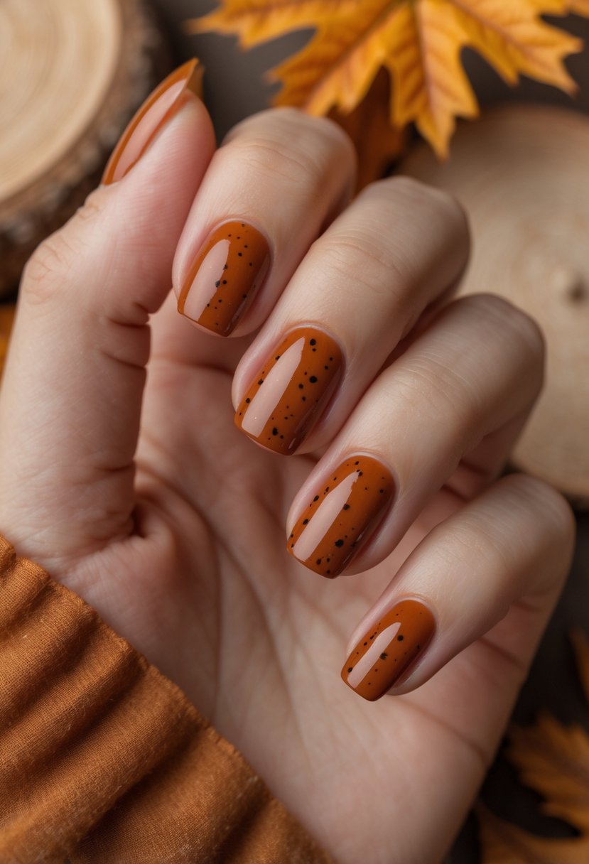 Close-up of a hand with rust orange nails featuring black speckles against a warm autumn background.