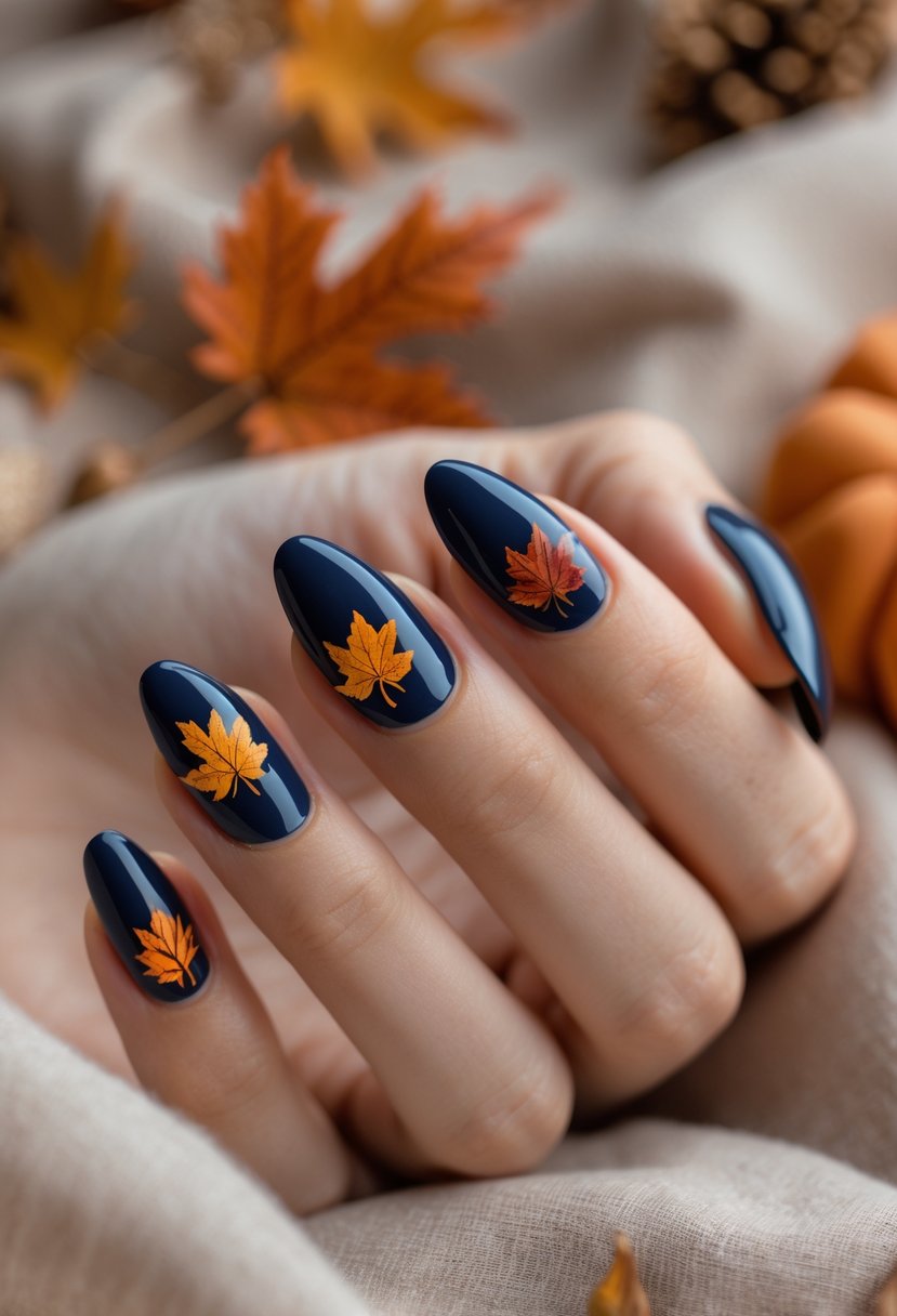 A close-up of a hand with dark navy blue nails decorated with autumn leaf designs.