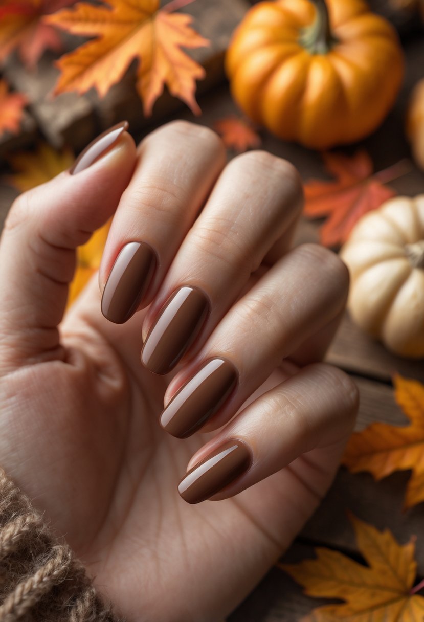 A close-up of a hand with glossy mocha-colored nails resting on an autumn background with fall leaves and small pumpkins.