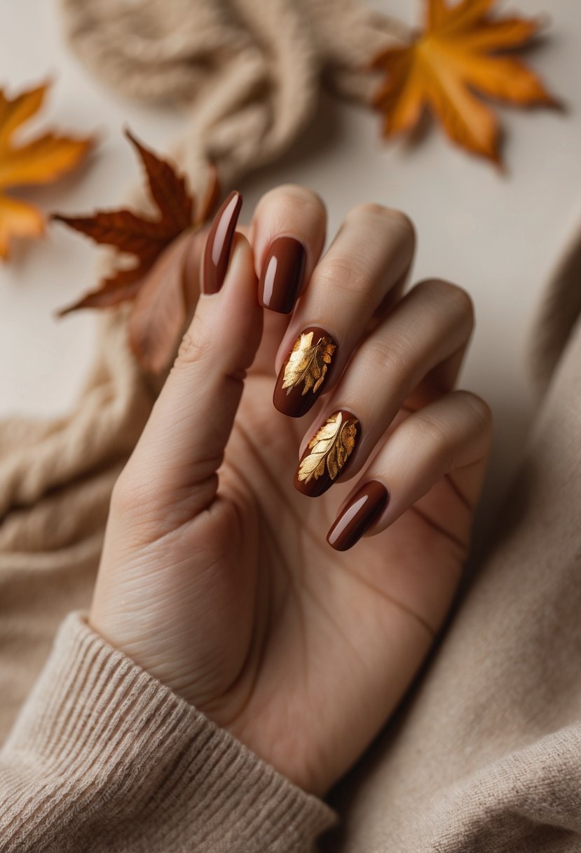 Close-up of a hand with brick red nails featuring gold leaf details resting on a warm background with autumn leaves.