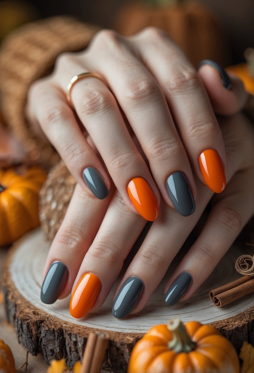 Close-up of hands with charcoal gray nails and bright orange accent nails resting on a wooden surface with autumn decorations.