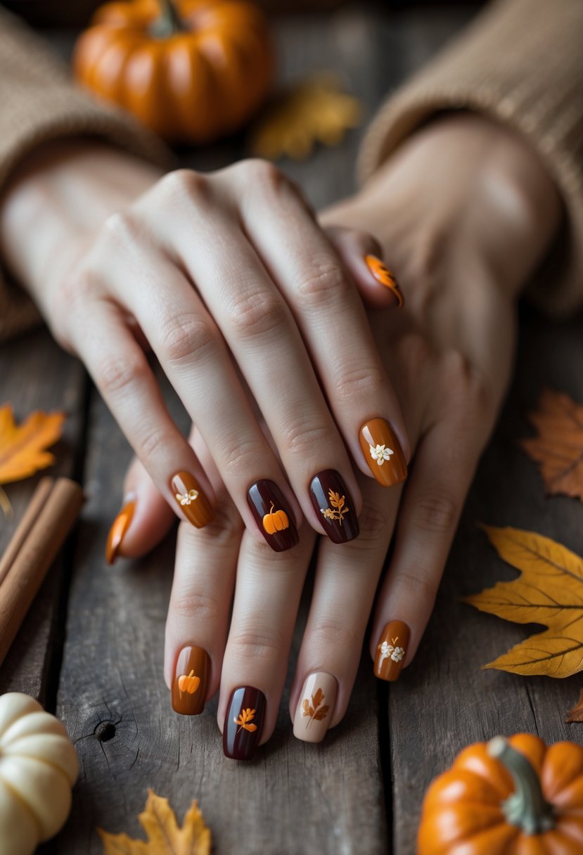 Close-up of hands with simple Thanksgiving-themed nail art in autumn colors resting on a wooden table with seasonal decorations.
