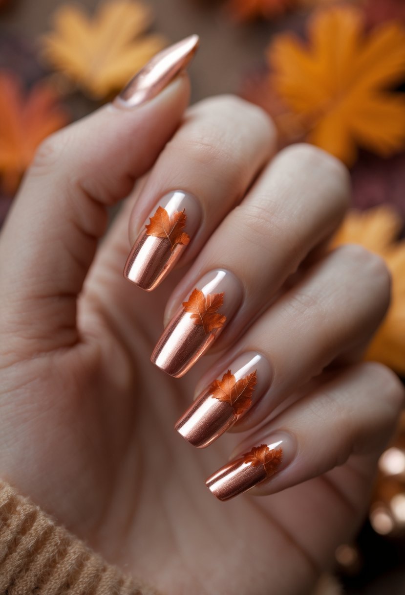 Close-up of a hand with metallic copper leaf nail art on neatly manicured nails against a warm autumn background.