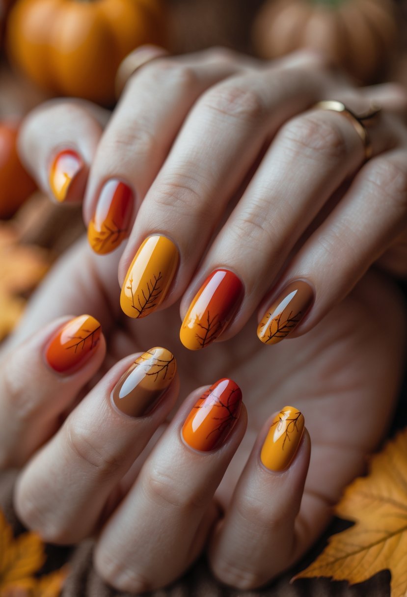 Close-up of hands with nails painted in gradient fall leaf colors in warm autumn shades.