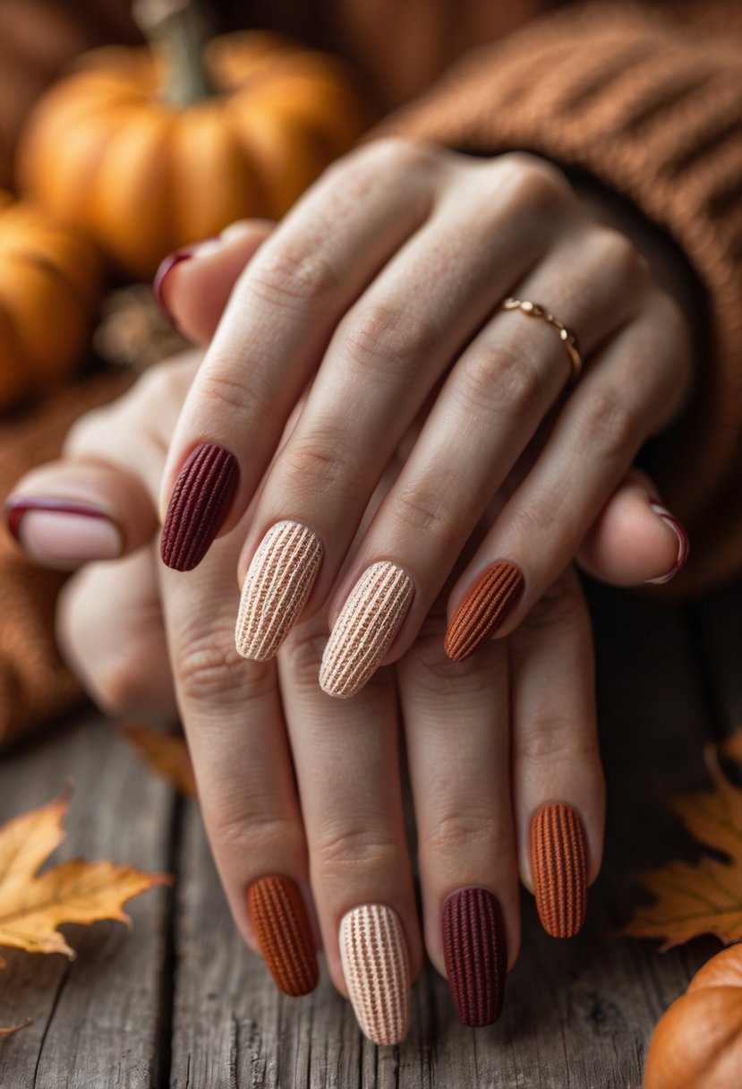 Close-up of hands with autumn-themed knit pattern nail art resting on a wooden surface with fall decorations.