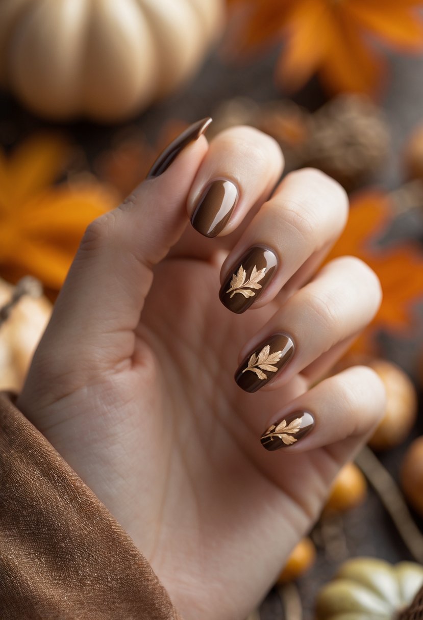 Close-up of a hand with glossy bronze nails decorated with leaf designs.