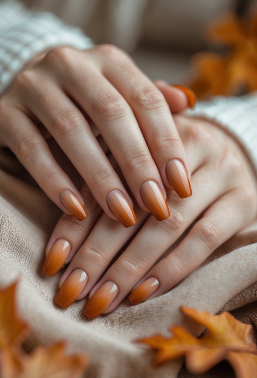 Close-up of hands with beige nails featuring burnt orange tips resting on a warm-toned surface.
