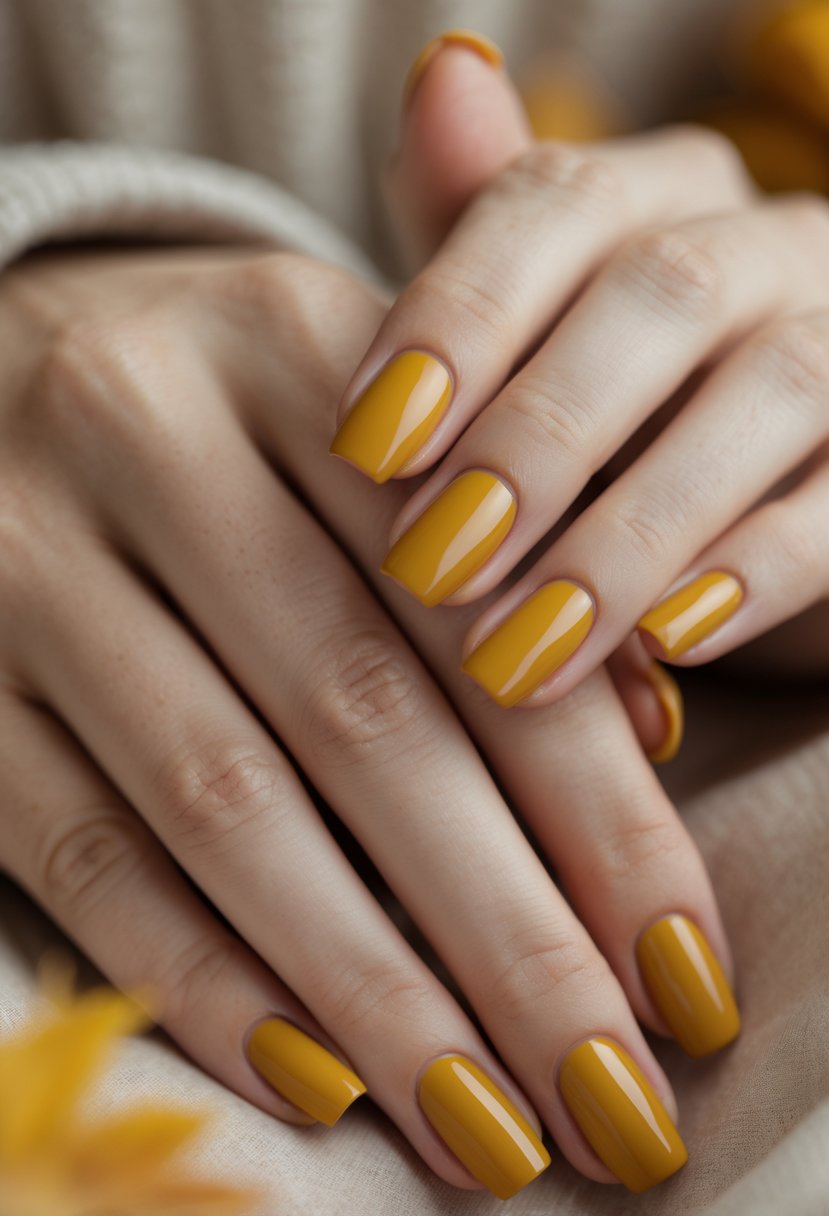 Close-up of hands with mustard yellow painted nails resting gently on a neutral background.