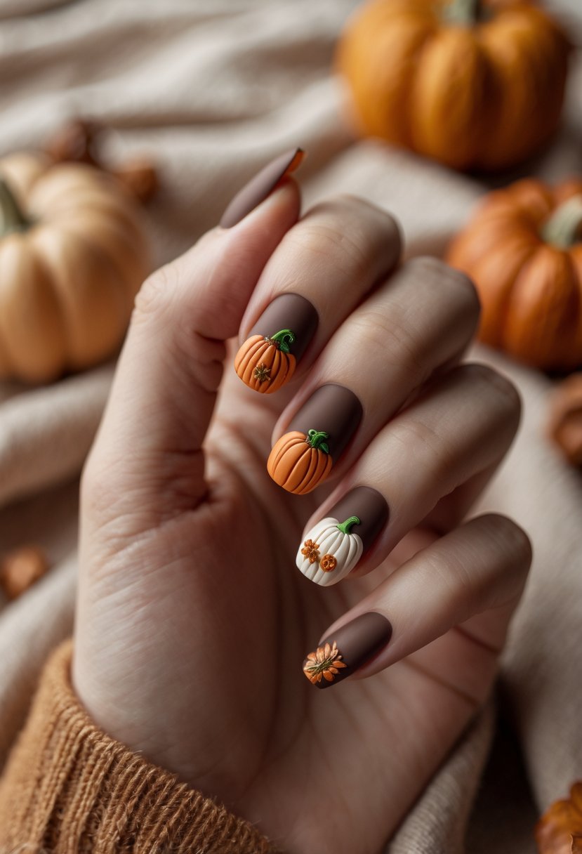 Close-up of a hand with Thanksgiving-themed nails featuring a pumpkin design on one nail and autumn colors on the others.