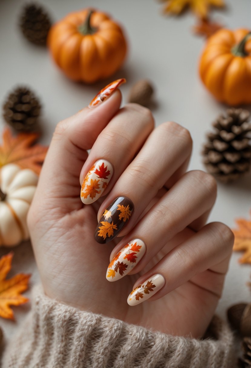 Close-up of a hand with nails painted in fall leaf designs surrounded by small pumpkins, acorns, and pinecones.