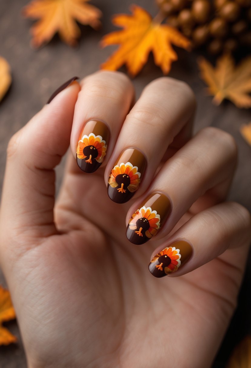 A hand with neatly manicured nails featuring turkey silhouette nail art in autumn colors.