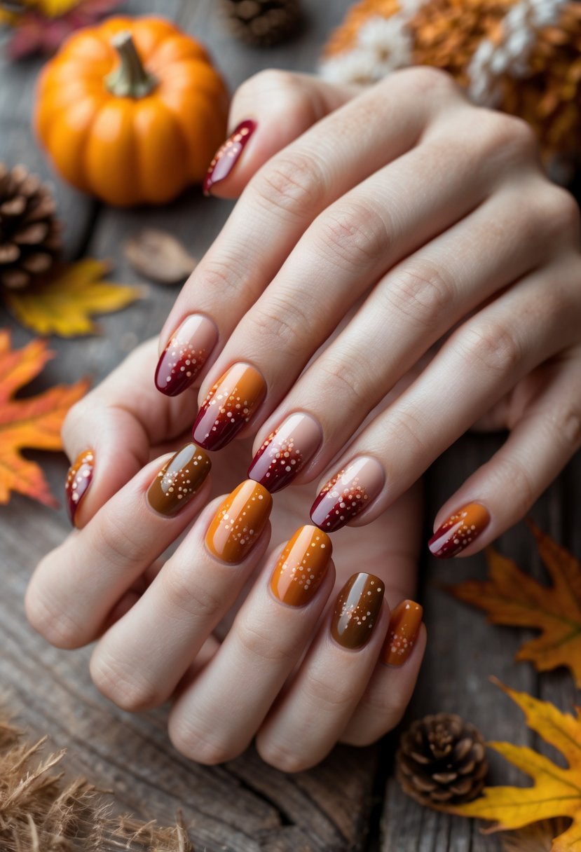 Close-up of hands with autumn-colored gradient dot nail art resting on a wooden surface with fall decorations.