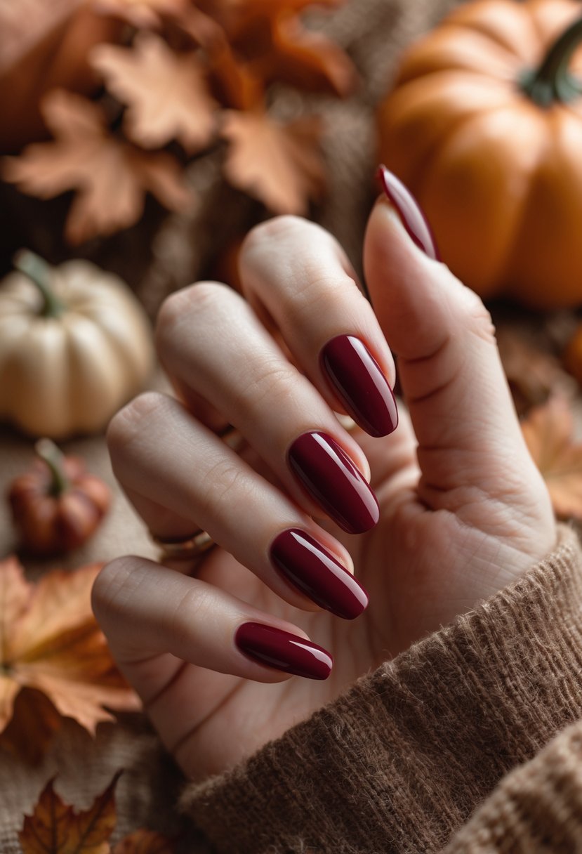 Close-up of a hand with glossy cranberry red nails resting on an autumn-themed background with dried leaves and small pumpkins.