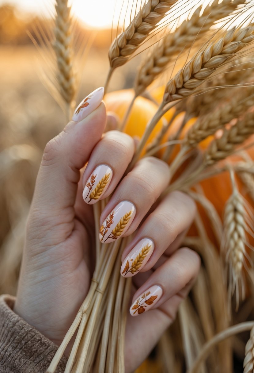 A hand with autumn-themed nail art holding a bundle of wheat stalks.
