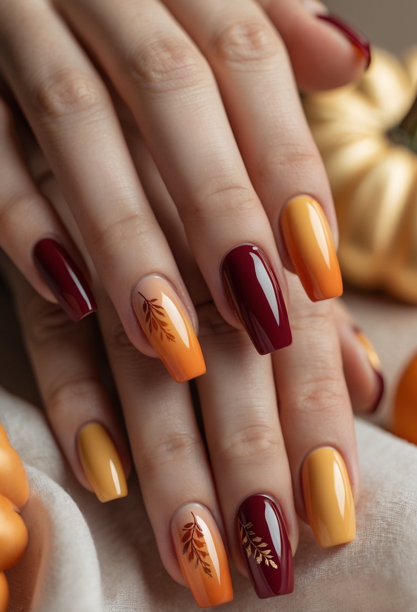 Close-up of hands with sunset ombre nails decorated with small leaf designs.