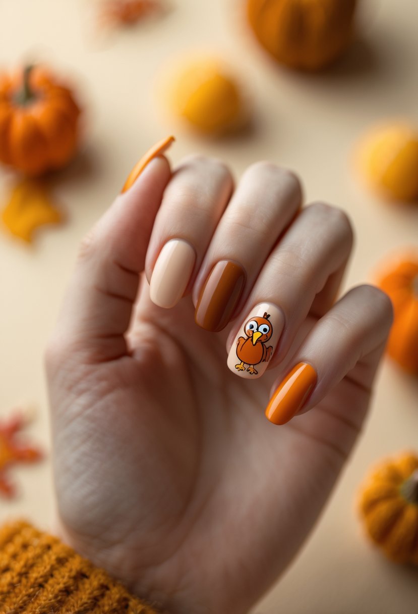 Close-up of a hand with Thanksgiving-themed nail art showing a cartoon turkey on the ring finger.
